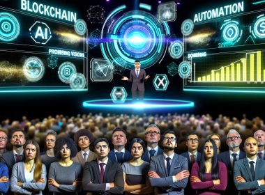 Futuristische Konferenzbühne mit Hologrammen und Buzzwords, skeptisches Publikum und Redner mit verblassenden Diagrammen.