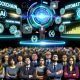 Futuristische Konferenzbühne mit Hologrammen und Buzzwords, skeptisches Publikum und Redner mit verblassenden Diagrammen.