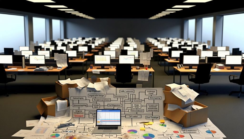 Ein offenes Büro mit chaotisch verstreuten Unterlagen und frustrierten Mitarbeitern – im Kontrast dazu ein ordentlich organisierter Schreibtisch mit klarem Analytics-Dashboard und Daten-Flowchart.