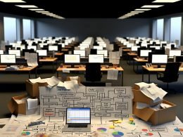 Ein offenes Büro mit chaotisch verstreuten Unterlagen und frustrierten Mitarbeitern – im Kontrast dazu ein ordentlich organisierter Schreibtisch mit klarem Analytics-Dashboard und Daten-Flowchart.