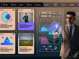 Business-Person bedient modernen LinkedIn-Feed von 2025 mit auffälligen Thumbnails; im Hintergrund ein KI-Dashboard mit Datenanalysen und Echtzeit-Trends, im Vordergrund die Generierung eines Thumbnails per Button.