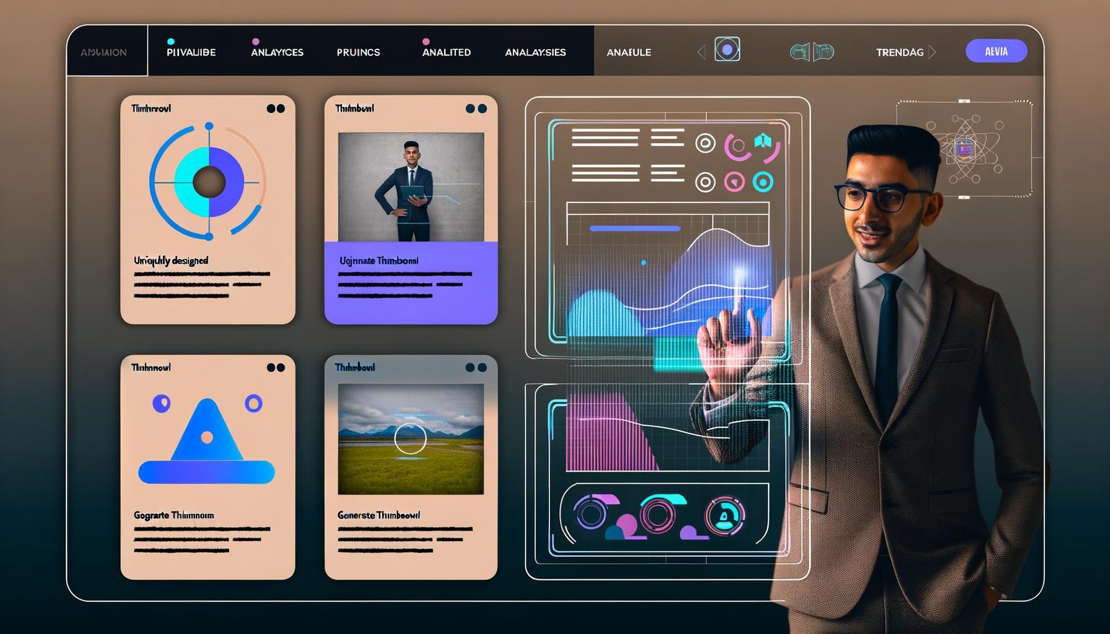 Business-Person bedient modernen LinkedIn-Feed von 2025 mit auffälligen Thumbnails; im Hintergrund ein KI-Dashboard mit Datenanalysen und Echtzeit-Trends, im Vordergrund die Generierung eines Thumbnails per Button.