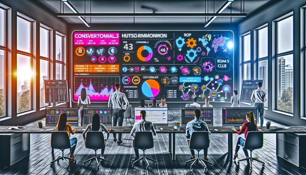 Junge Marketer*innen arbeiten an einem großen Monitor mit komplexen, bunten Dashboards, Conversion-Statistiken, Social-Media-Icons, Diagrammen und verschiedenen KPIs in einem stylishen Büro.