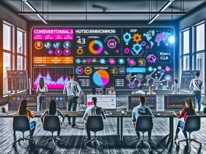 Junge Marketer*innen arbeiten an einem großen Monitor mit komplexen, bunten Dashboards, Conversion-Statistiken, Social-Media-Icons, Diagrammen und verschiedenen KPIs in einem stylishen Büro.