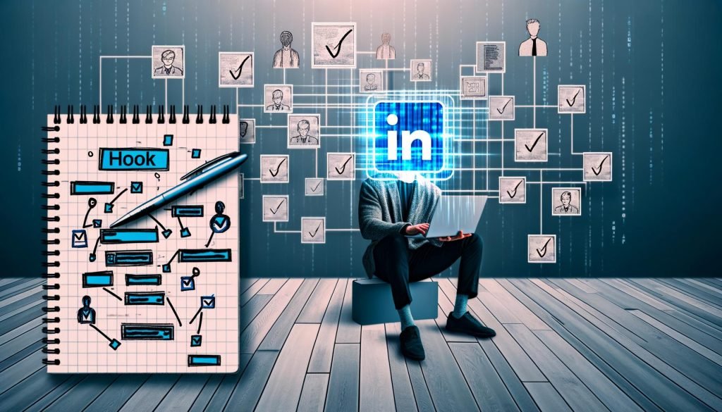 Ein urban gekleideter Mensch betrachtet ein Notizheft mit Hook-Templates vor einem offenen Laptop mit LinkedIn-Feed, flankiert von Notizblättern mit Keywords und Diagrammen; im Hintergrund reflektiert LinkedIn-Algorithmus-Code Licht.
