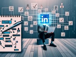 Ein urban gekleideter Mensch betrachtet ein Notizheft mit Hook-Templates vor einem offenen Laptop mit LinkedIn-Feed, flankiert von Notizblättern mit Keywords und Diagrammen; im Hintergrund reflektiert LinkedIn-Algorithmus-Code Licht.