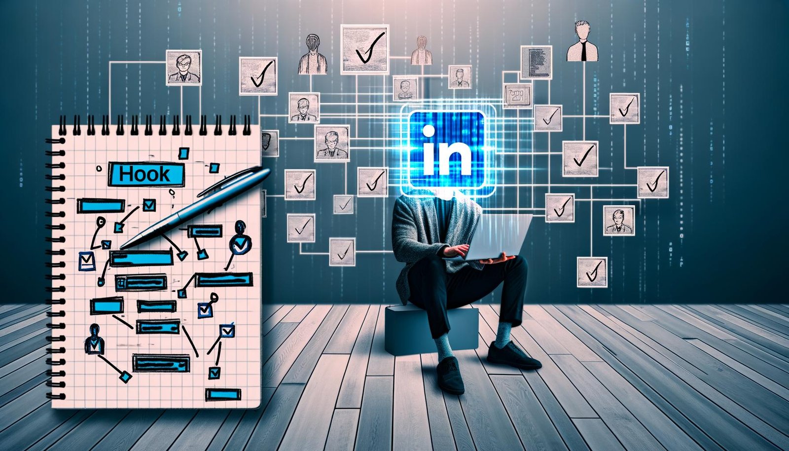 Ein urban gekleideter Mensch betrachtet ein Notizheft mit Hook-Templates vor einem offenen Laptop mit LinkedIn-Feed, flankiert von Notizblättern mit Keywords und Diagrammen; im Hintergrund reflektiert LinkedIn-Algorithmus-Code Licht.