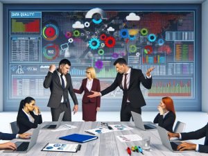 Drei Geschäftsleute am Konferenztisch diskutieren gestresst über bunte Dashboards und widersprüchliche Statistiken, während im Hintergrund Datenquellen und ein Warnschild zu Datenqualität zu sehen sind.
