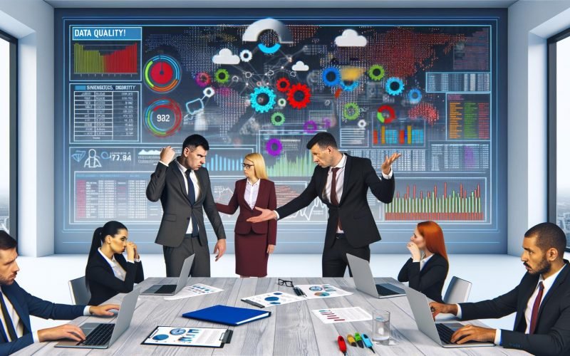 Drei Geschäftsleute am Konferenztisch diskutieren gestresst über bunte Dashboards und widersprüchliche Statistiken, während im Hintergrund Datenquellen und ein Warnschild zu Datenqualität zu sehen sind.
