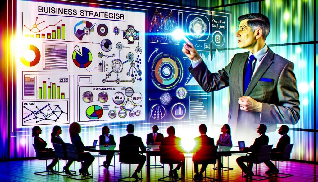 Business-Stratege erklärt komplexe KPIs am Whiteboard in modernem Büro mit Dashboard-Visualisierungen, Analytics-Tools und diskutierenden Stakeholdern.