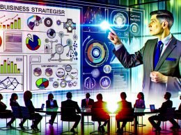 Business-Stratege erklärt komplexe KPIs am Whiteboard in modernem Büro mit Dashboard-Visualisierungen, Analytics-Tools und diskutierenden Stakeholdern.