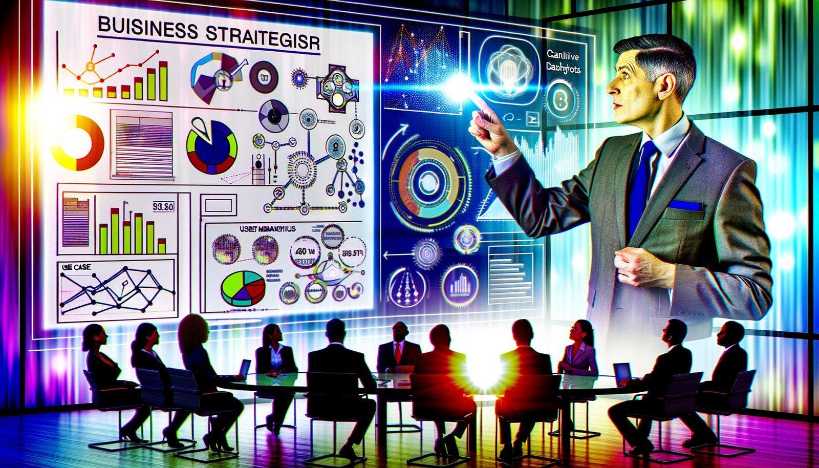 Business-Stratege erklärt komplexe KPIs am Whiteboard in modernem Büro mit Dashboard-Visualisierungen, Analytics-Tools und diskutierenden Stakeholdern.