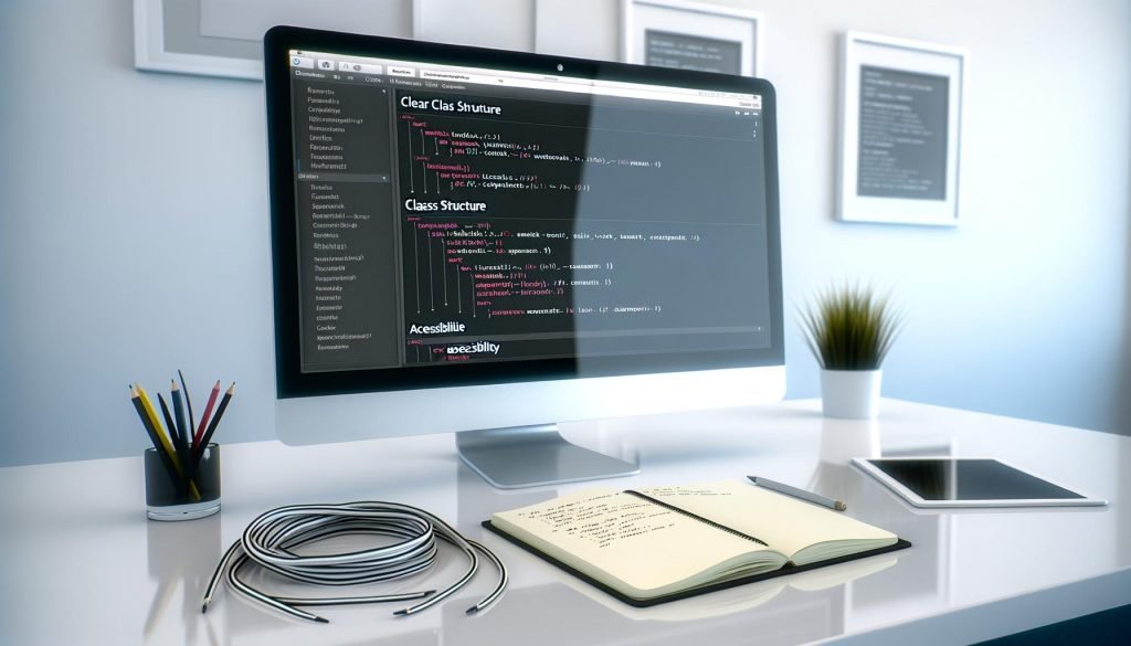Minimalistischer Arbeitsplatz mit großem Monitor, darauf Webflow-Interface und geöffneter CSS-Klassenübersicht, dazu ein technisches Notizbuch mit Checkliste.