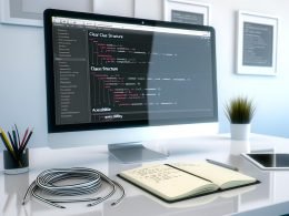 Minimalistischer Arbeitsplatz mit großem Monitor, darauf Webflow-Interface und geöffneter CSS-Klassenübersicht, dazu ein technisches Notizbuch mit Checkliste.
