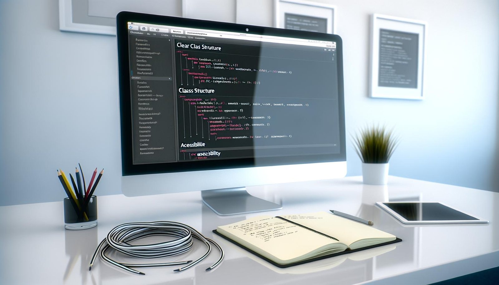 Minimalistischer Arbeitsplatz mit großem Monitor, darauf Webflow-Interface und geöffneter CSS-Klassenübersicht, dazu ein technisches Notizbuch mit Checkliste.