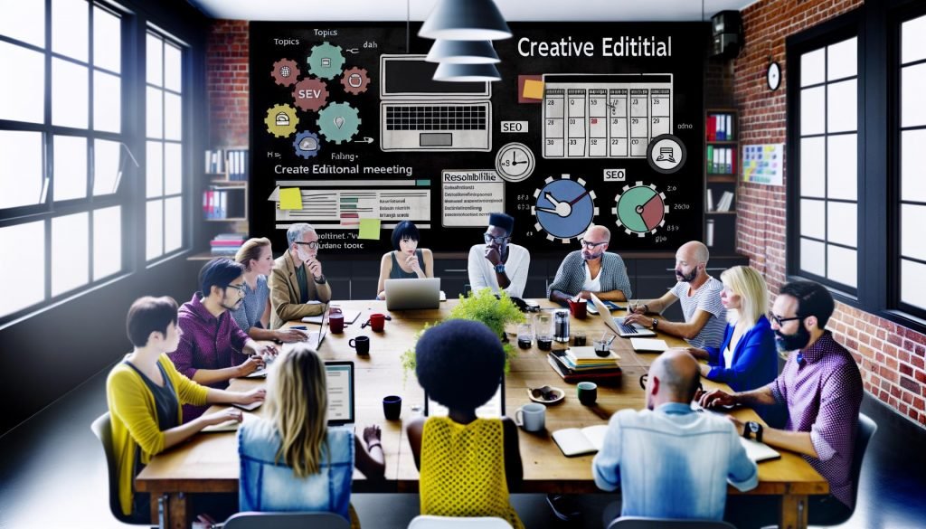 Kreatives Redaktionsmeeting mit Redaktionskalender auf großem Bildschirm, konzentrierten Menschen mit Laptops und Content-Tool-Software im Vordergrund, Post-Its und Kaffeebechern auf dem Tisch.
