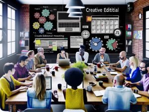 Kreatives Redaktionsmeeting mit Redaktionskalender auf großem Bildschirm, konzentrierten Menschen mit Laptops und Content-Tool-Software im Vordergrund, Post-Its und Kaffeebechern auf dem Tisch.