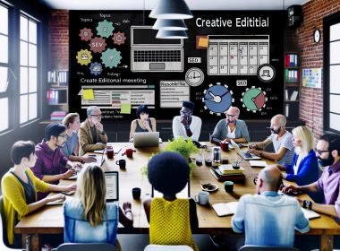 Kreatives Redaktionsmeeting mit Redaktionskalender auf großem Bildschirm, konzentrierten Menschen mit Laptops und Content-Tool-Software im Vordergrund, Post-Its und Kaffeebechern auf dem Tisch.