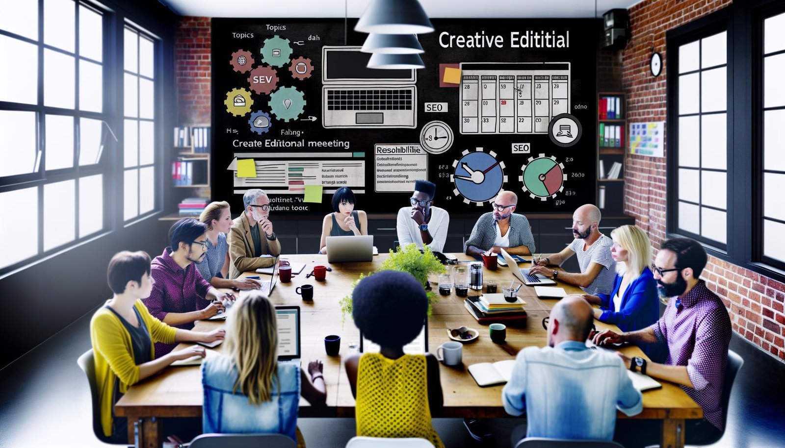 Kreatives Redaktionsmeeting mit Redaktionskalender auf großem Bildschirm, konzentrierten Menschen mit Laptops und Content-Tool-Software im Vordergrund, Post-Its und Kaffeebechern auf dem Tisch.