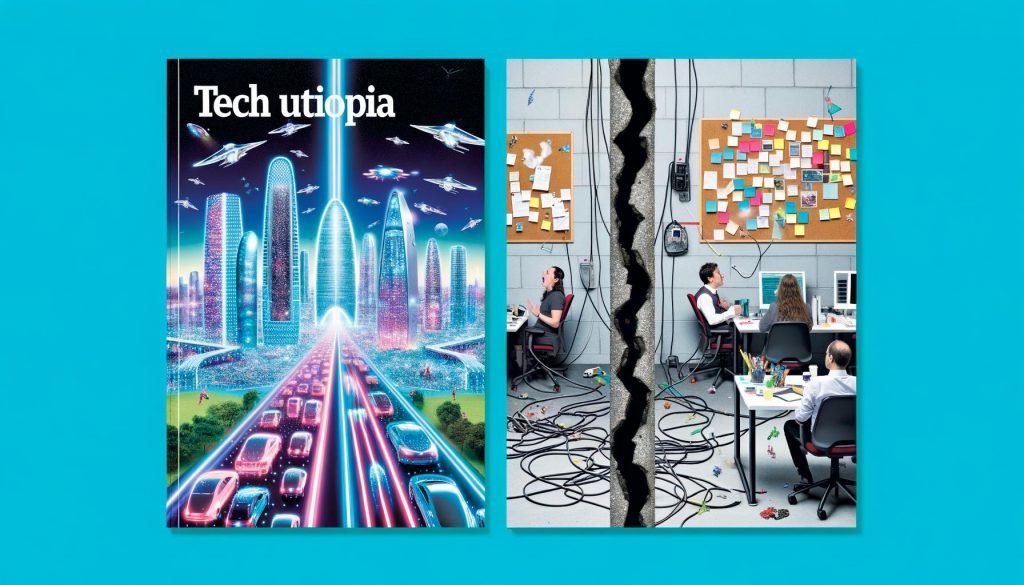 Collage mit futuristischer Smart City auf der linken Seite und chaotischem Büro mit Kabelsalat auf der rechten Seite, getrennt durch einen Riss; Farben: links kühl und leuchtend, rechts matt und realistisch
