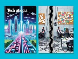 Collage mit futuristischer Smart City auf der linken Seite und chaotischem Büro mit Kabelsalat auf der rechten Seite, getrennt durch einen Riss; Farben: links kühl und leuchtend, rechts matt und realistisch
