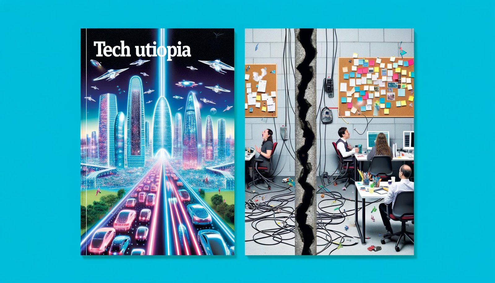 Collage mit futuristischer Smart City auf der linken Seite und chaotischem Büro mit Kabelsalat auf der rechten Seite, getrennt durch einen Riss; Farben: links kühl und leuchtend, rechts matt und realistisch