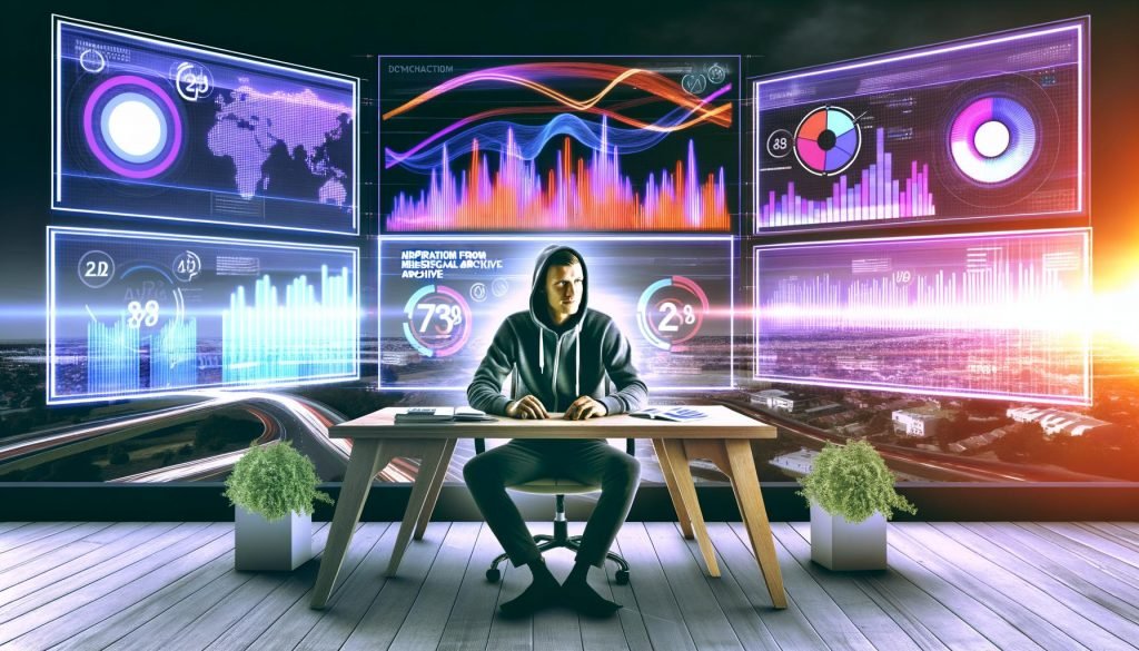 Moderner Arbeitsplatz mit drei Bildschirmen voller bunter Marketing-Dashboards, davor ein Marketer im Hoodie, umgeben von eingeblendeten Datenströmen und Zahlen. Im Hintergrund Skyline und Pflanzen.