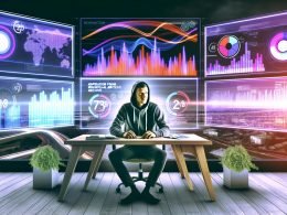 Moderner Arbeitsplatz mit drei Bildschirmen voller bunter Marketing-Dashboards, davor ein Marketer im Hoodie, umgeben von eingeblendeten Datenströmen und Zahlen. Im Hintergrund Skyline und Pflanzen.