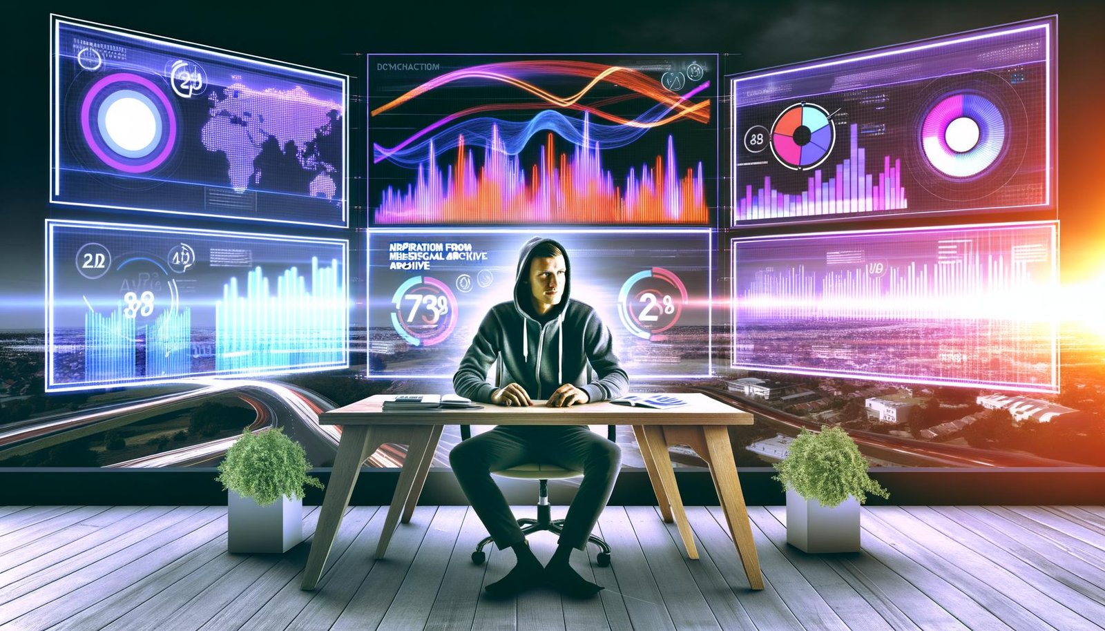 Moderner Arbeitsplatz mit drei Bildschirmen voller bunter Marketing-Dashboards, davor ein Marketer im Hoodie, umgeben von eingeblendeten Datenströmen und Zahlen. Im Hintergrund Skyline und Pflanzen.