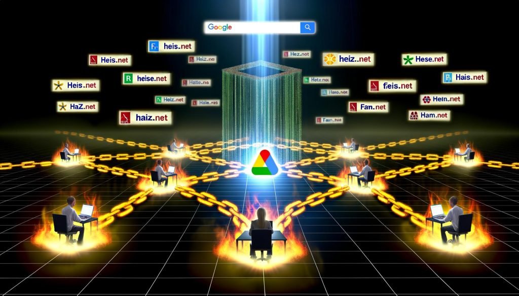 Illustration einer Website mit leuchtenden goldenen Backlinks führender Domains, analysierenden Menschen und zerfallenden Spam-Links, überstrahlt von einem Google-Lichtstrahl.