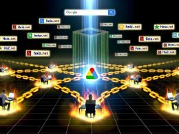 Illustration einer Website mit leuchtenden goldenen Backlinks führender Domains, analysierenden Menschen und zerfallenden Spam-Links, überstrahlt von einem Google-Lichtstrahl.