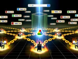 Illustration einer Website mit leuchtenden goldenen Backlinks führender Domains, analysierenden Menschen und zerfallenden Spam-Links, überstrahlt von einem Google-Lichtstrahl.