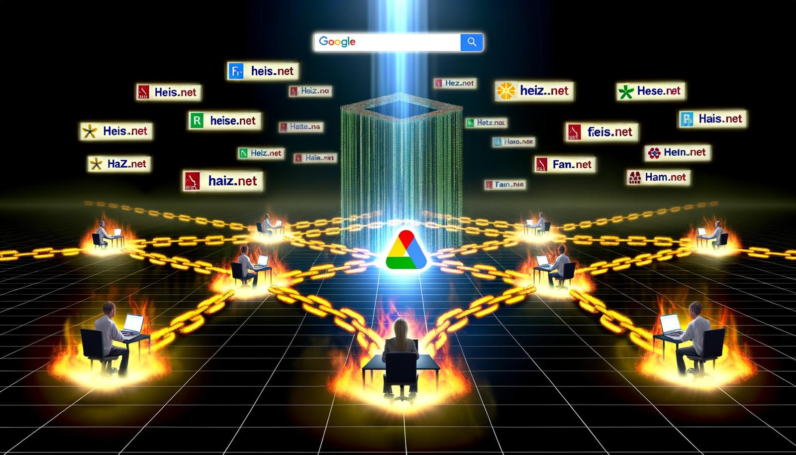 Illustration einer Website mit leuchtenden goldenen Backlinks führender Domains, analysierenden Menschen und zerfallenden Spam-Links, überstrahlt von einem Google-Lichtstrahl.