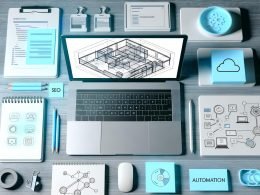Moderner Workspace mit aufgeklapptem Laptop und Webflow-Interface, umgeben von Notizblöcken, Gadgets, Konzeptskizzen und Tool-Logos, in kühlen Blau-, Weiß- und Grautönen.