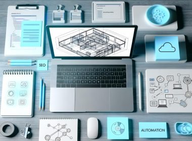 Moderner Workspace mit aufgeklapptem Laptop und Webflow-Interface, umgeben von Notizblöcken, Gadgets, Konzeptskizzen und Tool-Logos, in kühlen Blau-, Weiß- und Grautönen.