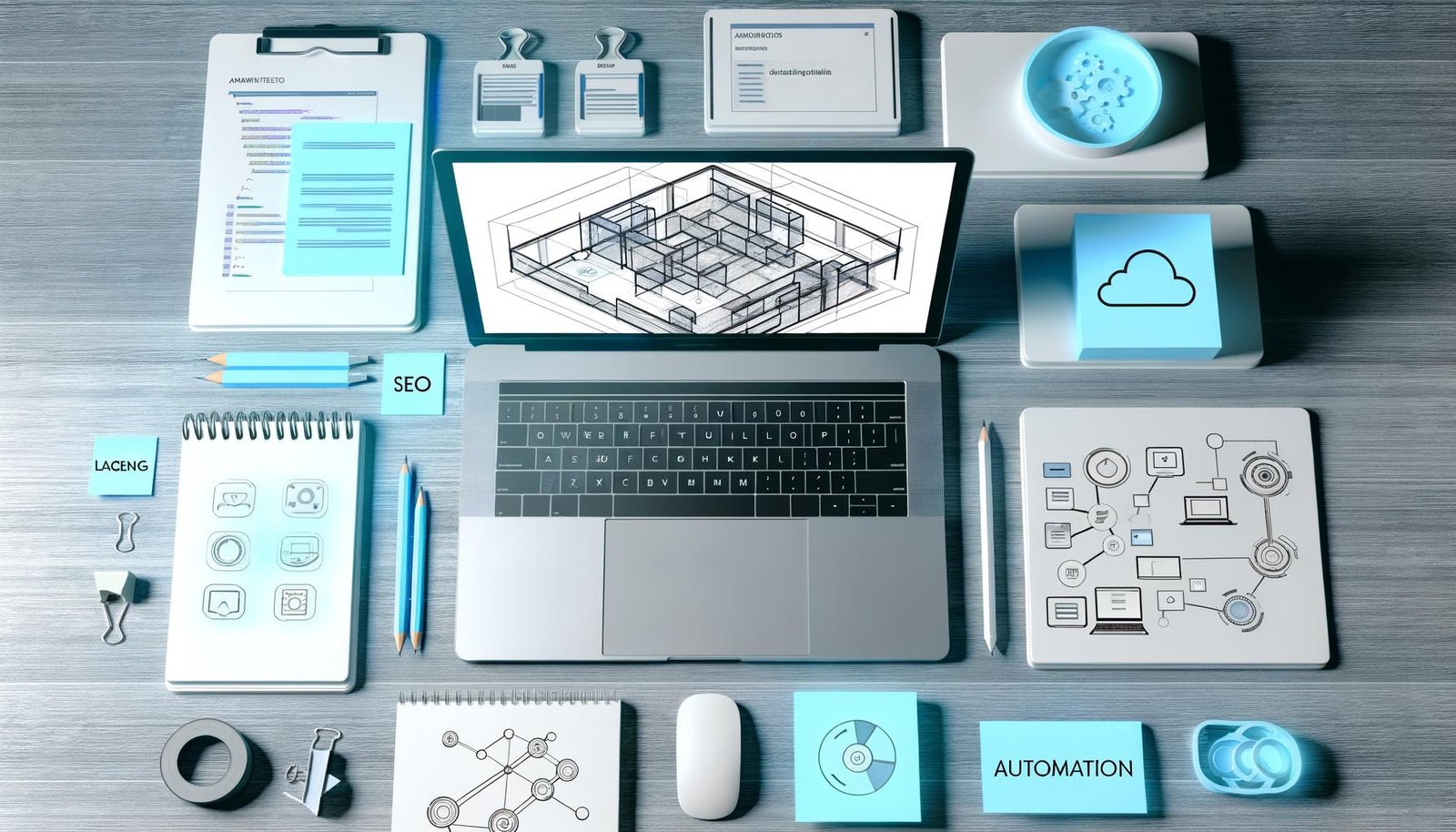 Moderner Workspace mit aufgeklapptem Laptop und Webflow-Interface, umgeben von Notizblöcken, Gadgets, Konzeptskizzen und Tool-Logos, in kühlen Blau-, Weiß- und Grautönen.