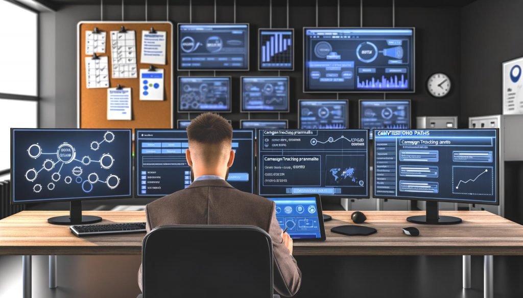 Moderner digitaler Arbeitsplatz mit Monitoren, die Marketing-Dashboards, Conversion-Pfade und Kampagnen-Tracking anzeigen. Im Vordergrund ein Marketer mit Tablet, umgeben von Checklisten und technischen Tools.