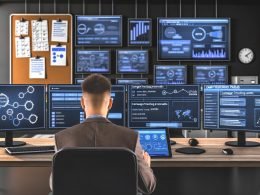 Moderner digitaler Arbeitsplatz mit Monitoren, die Marketing-Dashboards, Conversion-Pfade und Kampagnen-Tracking anzeigen. Im Vordergrund ein Marketer mit Tablet, umgeben von Checklisten und technischen Tools.