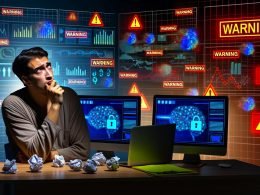 Nachdenklicher Marketer arbeitet nachts vor Bildschirmen mit komplexen KI-Diagrammen, Warnhinweisen und Ethik-Checkliste auf dem Schreibtisch.
