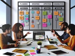 Moderner Arbeitsplatz in einer Agentur mit Laptop, Kanban-Board, Notizblöcken, Post-its, SEO-Tools und drei diversen Content-Marketing-Profis bei der Workflow-Planung.