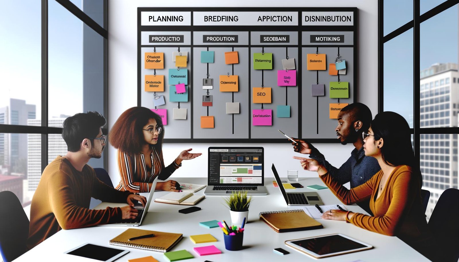 Moderner Arbeitsplatz in einer Agentur mit Laptop, Kanban-Board, Notizblöcken, Post-its, SEO-Tools und drei diversen Content-Marketing-Profis bei der Workflow-Planung.