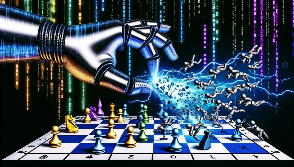Riesige, digitale Hand aus Tech-Giganten-Symbolen greift nach einem beleuchteten Schachbrett mit diversen Menschen- und Start-up-Spielfiguren. Einige Figuren brechen Ketten oder stoßen gegen den Rand, futuristische Skylines und Codeströme im Hintergrund.
