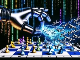 Riesige, digitale Hand aus Tech-Giganten-Symbolen greift nach einem beleuchteten Schachbrett mit diversen Menschen- und Start-up-Spielfiguren. Einige Figuren brechen Ketten oder stoßen gegen den Rand, futuristische Skylines und Codeströme im Hintergrund.