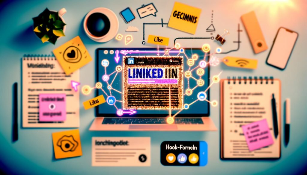 Laptop mit LinkedIn-Feed-Mockup, farblich hervorgehobener Headline, neben kreativer Arbeitsumgebung mit Kaffee, Notizblock, Smartphone und Hinweisen auf psychologische Trigger.