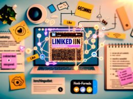 Laptop mit LinkedIn-Feed-Mockup, farblich hervorgehobener Headline, neben kreativer Arbeitsumgebung mit Kaffee, Notizblock, Smartphone und Hinweisen auf psychologische Trigger.