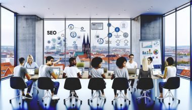 Junges, diverses Team arbeitet in einem modernen Leipziger Büro an SEO-Analysen und digitalen Strategien, umgeben von der Skyline und digitalen Netzwerkelementen.