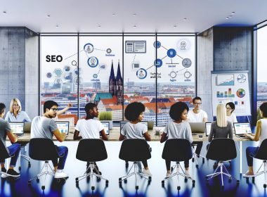 Junges, diverses Team arbeitet in einem modernen Leipziger Büro an SEO-Analysen und digitalen Strategien, umgeben von der Skyline und digitalen Netzwerkelementen.