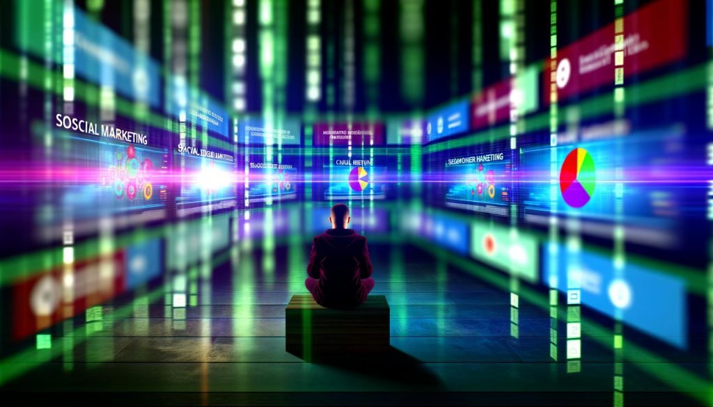 Marketer steuert moderne Marketing-Dashboards mit bunten Datenströmen im Matrix-Stil in einem futuristisch beleuchteten Raum.