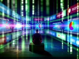 Marketer steuert moderne Marketing-Dashboards mit bunten Datenströmen im Matrix-Stil in einem futuristisch beleuchteten Raum.