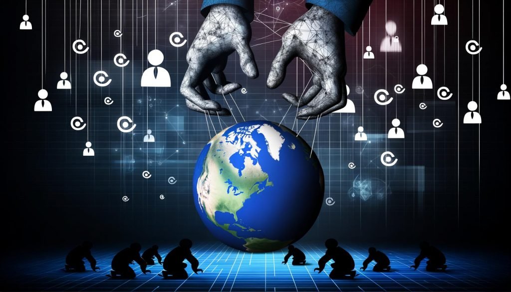 Illustration eines digitalen Globus, den riesige Hände mit den Logos von Google, Apple, Facebook, Amazon und Microsoft umschließen, während Menschen versuchen, sich aus deren Kontrolle zu befreien.